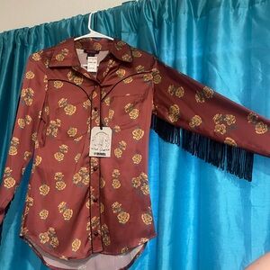 Rock & Roll Cowgirl Maroon Floral Fringe Top